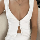 White Vintage Button Front Tank Top with Lace Trim