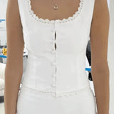 White Vintage Button Front Tank Top with Lace Trim