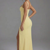 Women’s Elegant Bodycon Slip Maxi Dress with Leg Split and Open Back